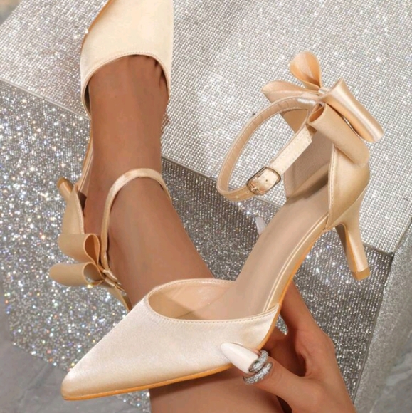 Women's Apricot Satin Bow Pointy Toe One Strap High Heel Shoes, Spring & Autumn - Picture 1 of 7